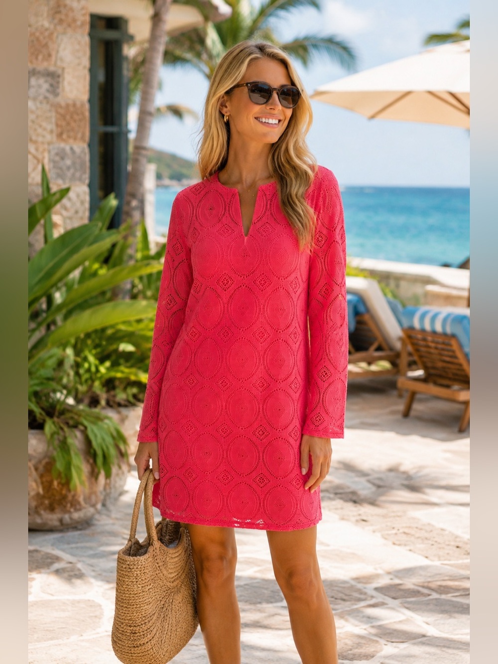 Coolibar Lausanne Crochet Lace Dress M Coral Pink UPF 50+ Beach Resort Cover Up